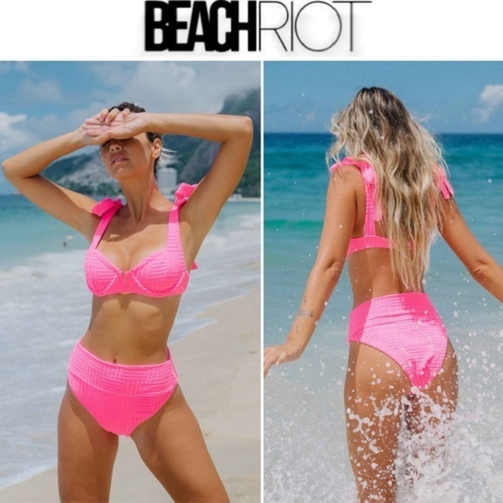 Beach Riot Blair Top & Highway Bottom Strawberry Moon Terry Neon Pink Bikini XL